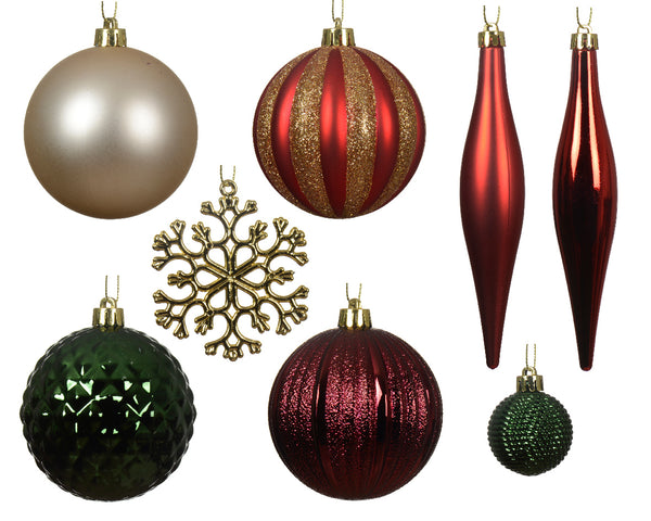 Set of 46 Red Gold and Green Shatterproof Christmas Tree Baubles with Hangers