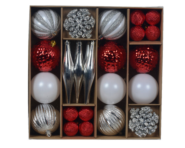 Set of 46 Red White and Silver Shatterproof Christmas Tree Baubles with Hangers