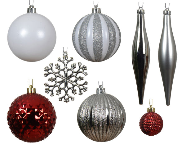Set of 46 Red White and Silver Shatterproof Christmas Tree Baubles with Hangers