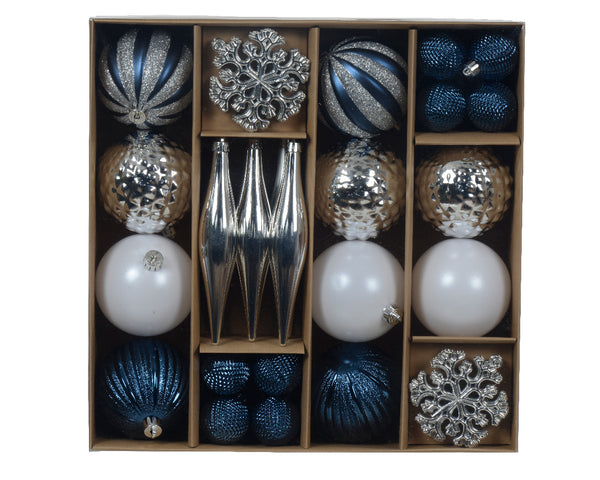 Set of 46 White Silver and Blue Shatterproof Christmas Tree Baubles with Hangers