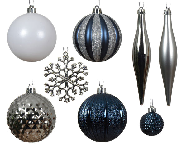 Set of 46 White Silver and Blue Shatterproof Christmas Tree Baubles with Hangers