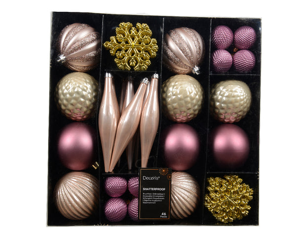 Set of 46 Vintage Pink Pearl and Gold Shatterproof Christmas Tree Baubles with Hangers