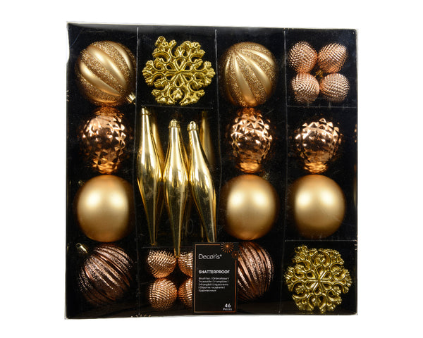 Set of 46 Gold Shatterproof Christmas Tree Baubles with Hangers