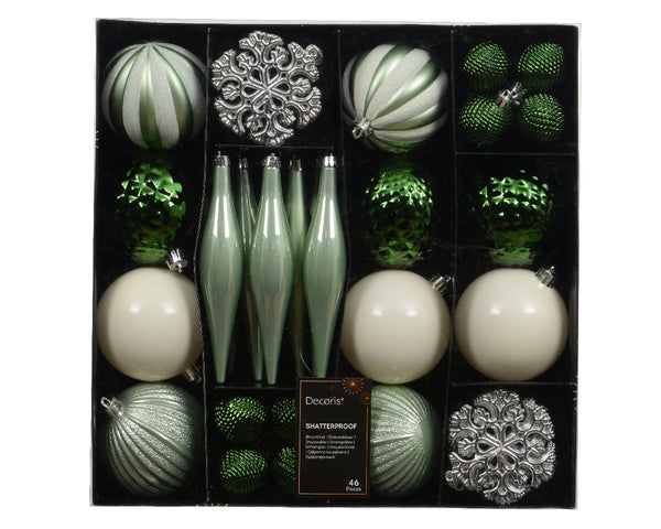 Set of 46 Green and Silver Shatterproof Christmas Tree Baubles with Hangers