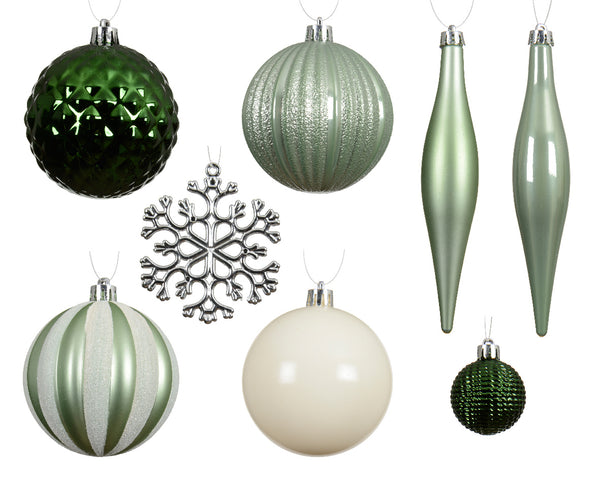 Set of 46 Green and Silver Shatterproof Christmas Tree Baubles with Hangers