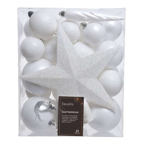 Pack of 33 Winter White Shatterproof Baubles with Christmas Tree Topper