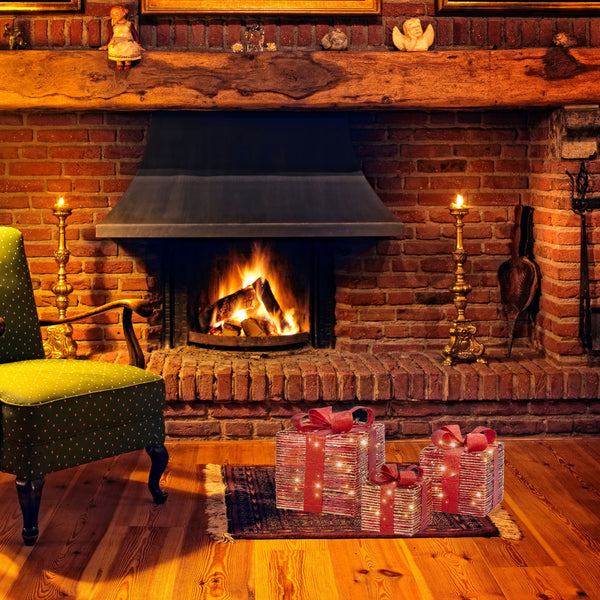 Set of 3 Red and Gold Twist LED Christmas Presents