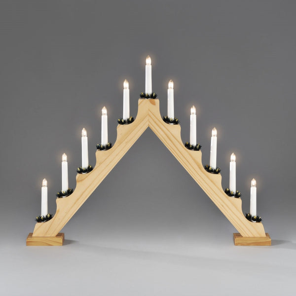 Natural 11 Bulb Wooden Candlestick Lit Window Arch