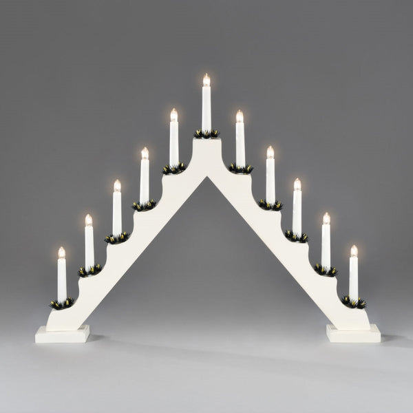 White 11 Bulb Wooden Candlestick Lit Window Arch