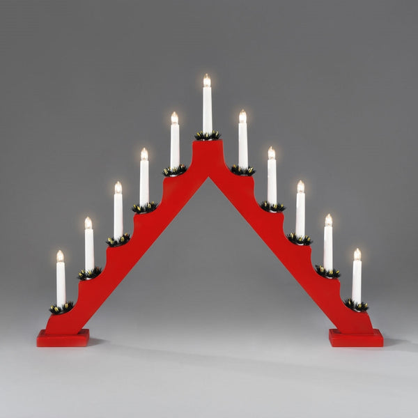 Red 11 Bulb Wooden Candlestick Lit Window Arch