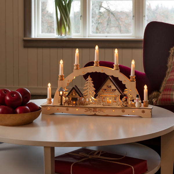 Wooden Christmas Silhouette with 7 Lit Candles