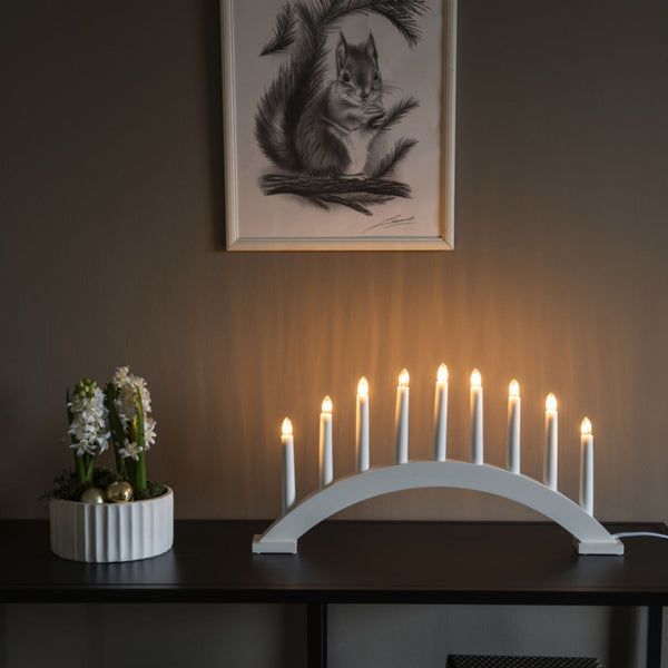 White Wooden Curved Arch Candlestick Bridge with 9 LED Lights