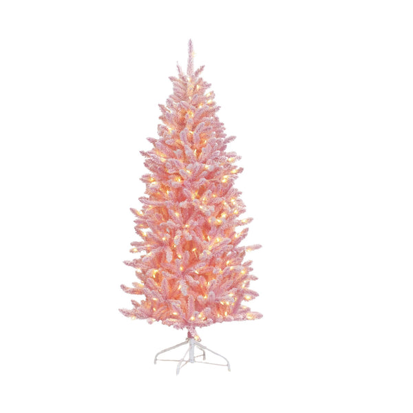 6ft Pre Lit Pink Snow Flocked Slim Artificial Christmas Tree with Stand