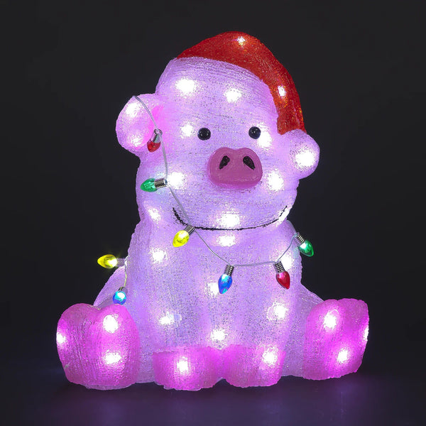 Christmas Piglet with Santa Hat Lit LED Acrylic