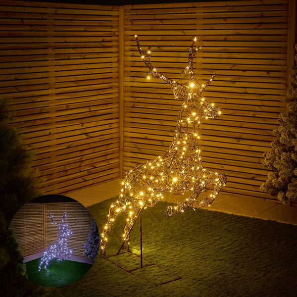 1.5m Brown Rattan Leaping Reindeer with 260 LEDs (White & Warm White Colour Switch)