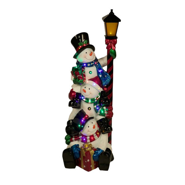 3 Stacked Snowmen on Lamppost Statue With Multicoloured LED Lights