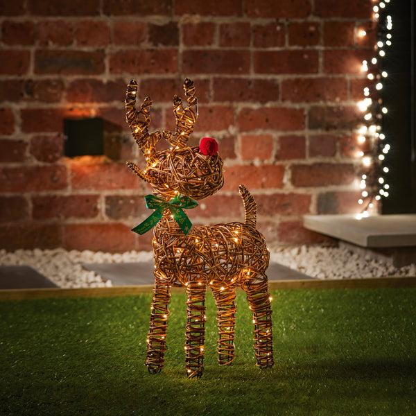 67cm Red Nosed Rattan Reindeer with 80 Warm White LEDs
