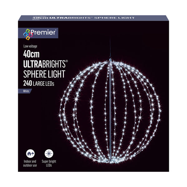 40cm White Metal Sparkling Sphere Frame 240 White LEDs