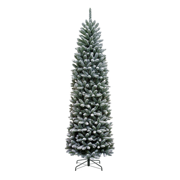 7.5ft Flocked Snowy Kingswood Fir Artificial Pencil Christmas Tree with Metal Stand