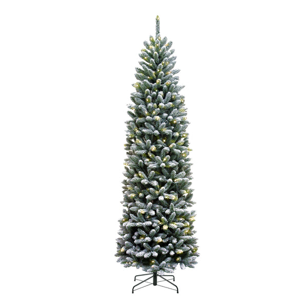 7.5ft Flocked Kingswood Fir Pre Lit with 350 Warm White LEDs Artificial Pencil Christmas Tree