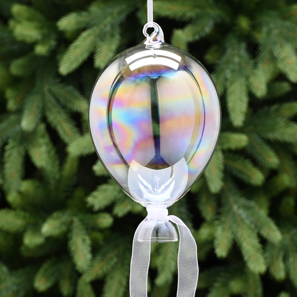 17cm Clear Iridescent Glass Bauble Balloon with White Ribbon Tree Decoration