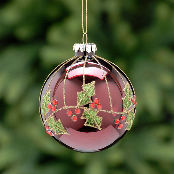 8cm Burgundy Bauble with Green Holly Leaf Glass Tree Decoration