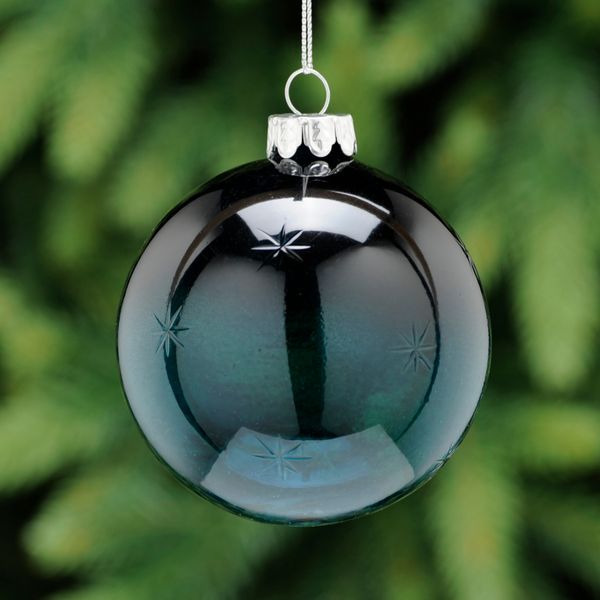 8cm Navy Blue Glass Bauble with Snowflake Design Tree Decoration