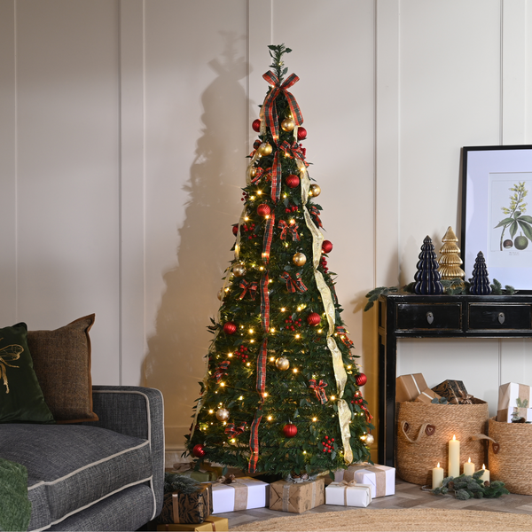 6ft Green Pop Up Christmas Tree with Red Gold Decorations and 180 Warm White LED's