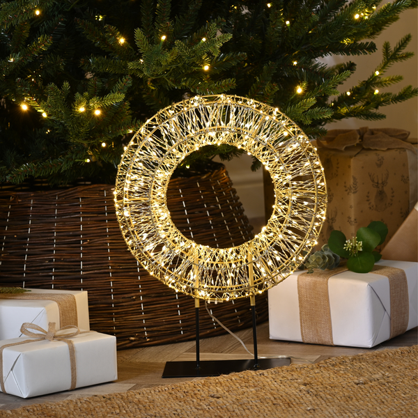 45cm Gold Shimmer Wreath on Stand with 600 Warm White LEDs