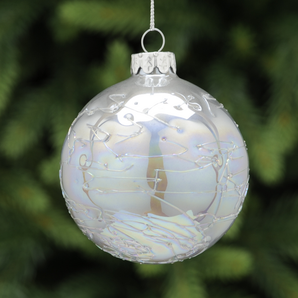 8cm White Glass Bauble with White Glitter Snowflake Tree Decoration