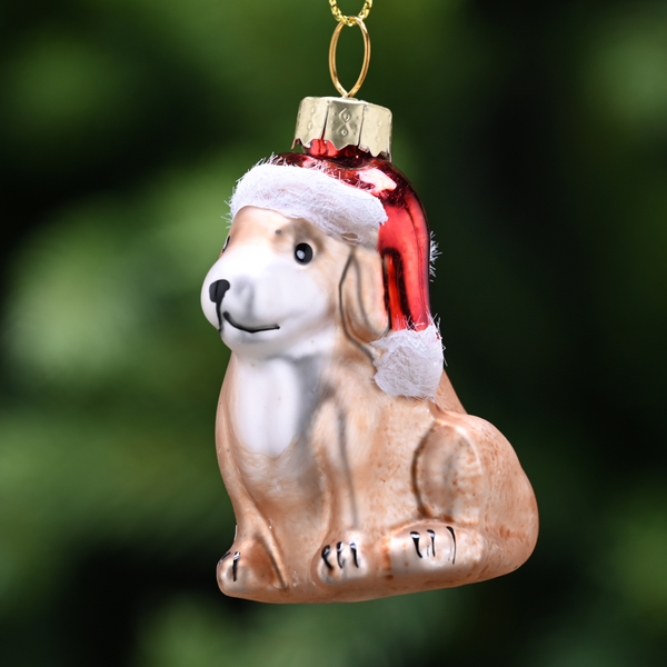 6cm Brown Glass Sitting Dog in Red Santa Hat Tree Decoration