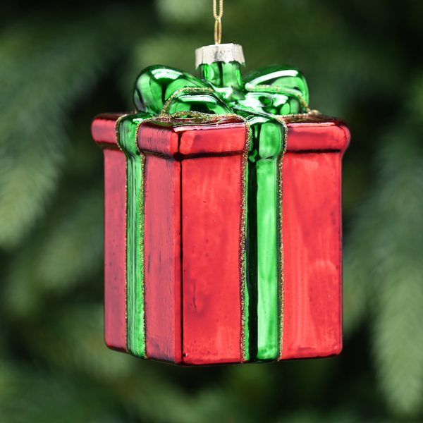 9cm Hanging Red Glass Parcel with Green Bow Tree Decoration
