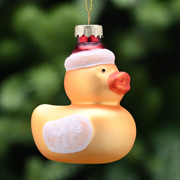 8cm Glass Yellow Duck in Red Santa Hat Tree Decoration