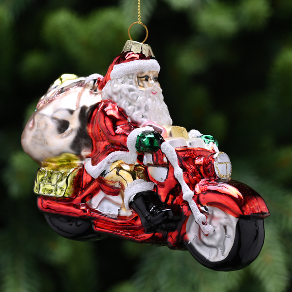 14cm Glass Santa Riding Red Motorbike Tree Decoration