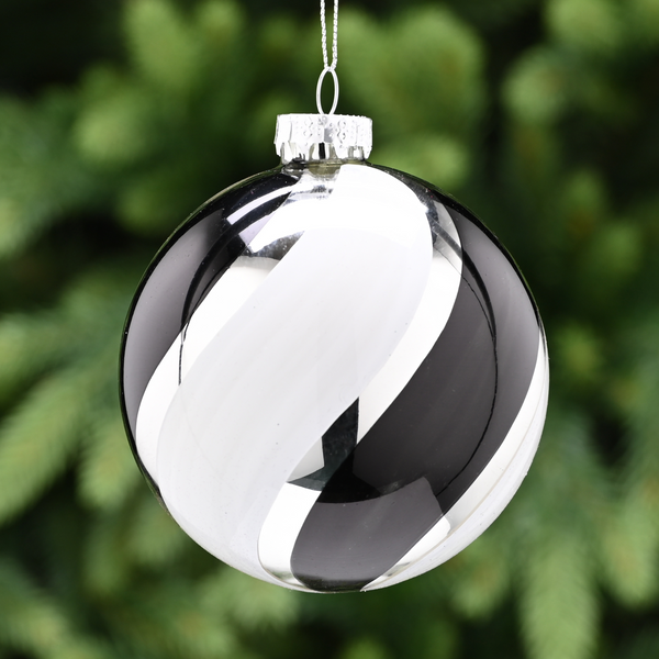 10cm Silver Glass Bauble with Black and White Stripes Tree Decoration