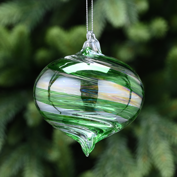 10cm Clear Glass Onion Bauble with Green Swirl Tree Decoration