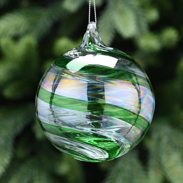10cm Clear Glass Bauble with Green Swirl Tree Decoration