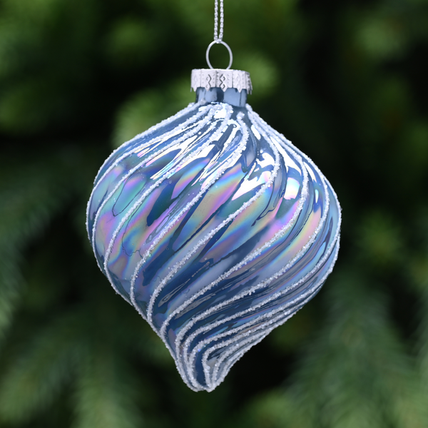 8cm Clear Blue Glass Onion Bauble with Swirl Tree Decoration