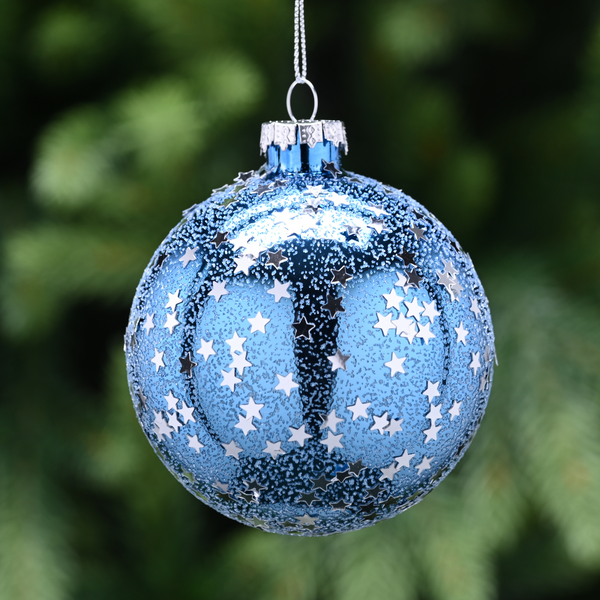 8cm Light Blue Glitter Glass Christmas Tree Bauble with Silver Stars
