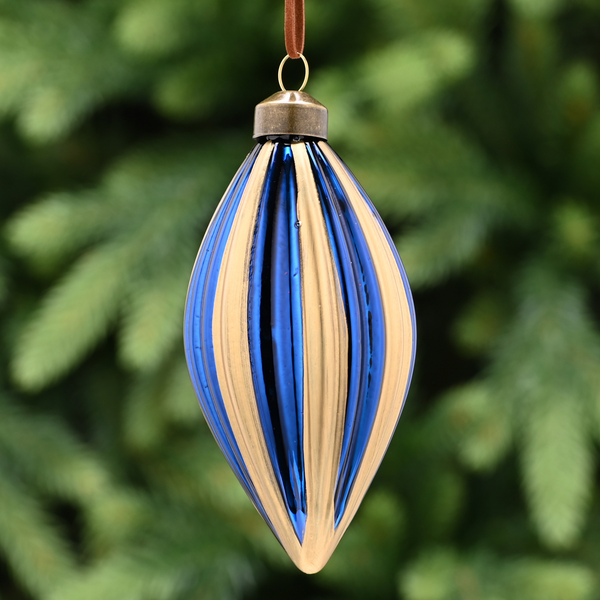 13cm Gold and Blue Striped Ridged Glass Drop Tree Decoration