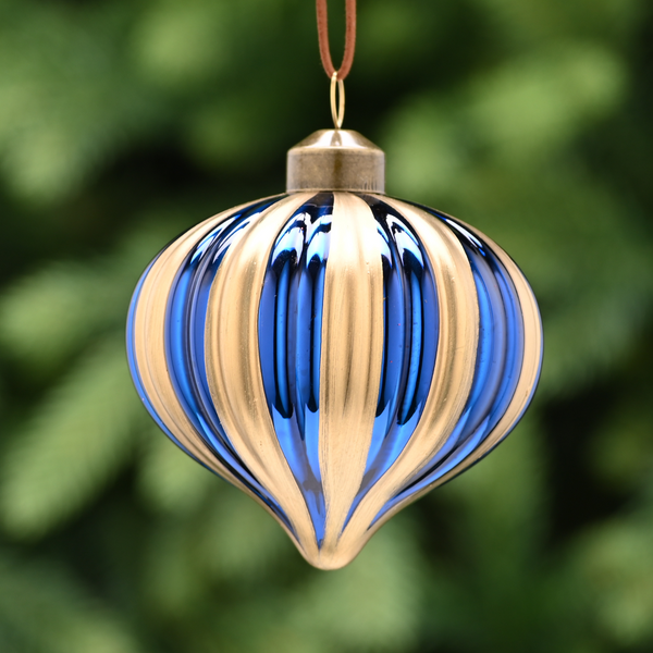 8cm Gold and Blue Striped Ridged Glass Onion Tree Decoration