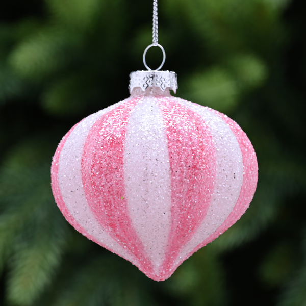 8cm Frosted Pink and White Segment Glass Onion Tree Bauble