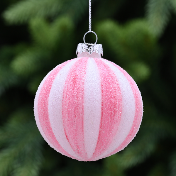 8cm Frosted Pink and White Segment Glass Bauble Tree Decoration