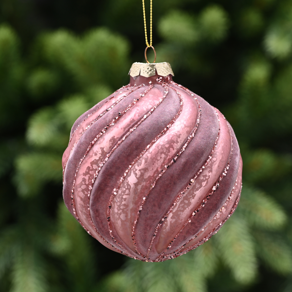 10cm Pink Crackle Swirl Glass Bauble with Glitter Stripes Tree Decoration