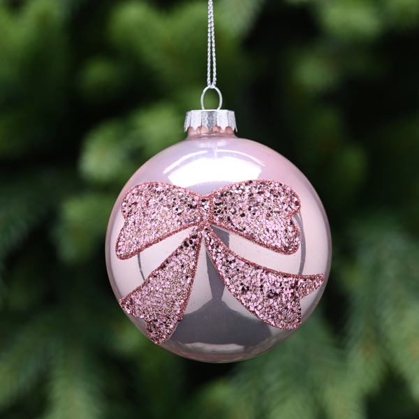 8cm Pale Pink Glass Bauble Tree Decoration with Glitter Bow