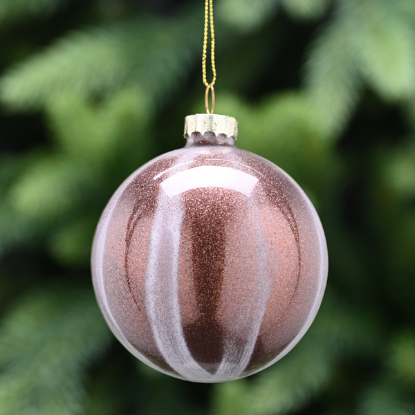 8cm Brown Glass Bauble with White Snowy Pattern Tree Decoration