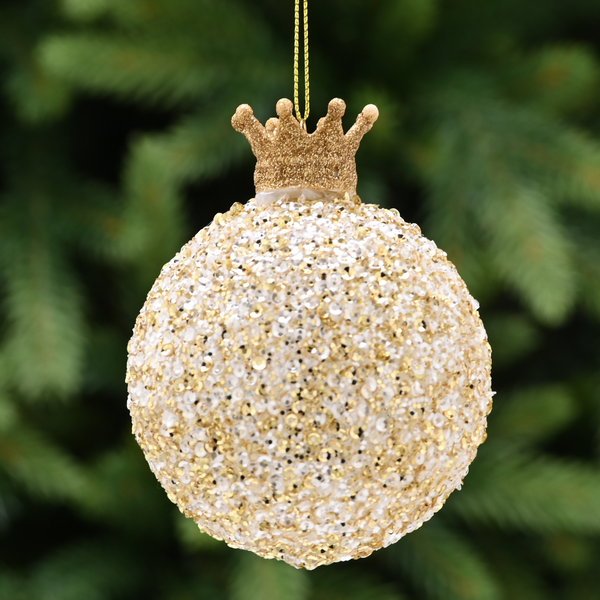 11cm Gold Beaded Glass Bauble with Gold Crown Cap Tree Decoration