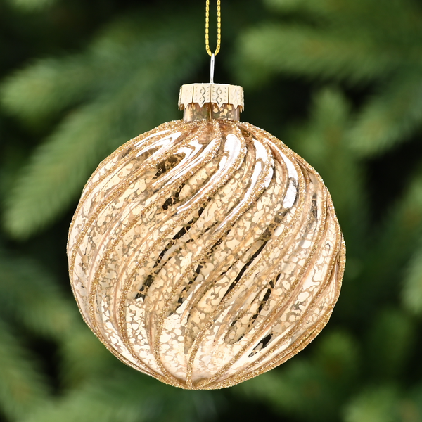 8cm Antique Gold Spiral Glass Bauble with Glitter Tree Decoration