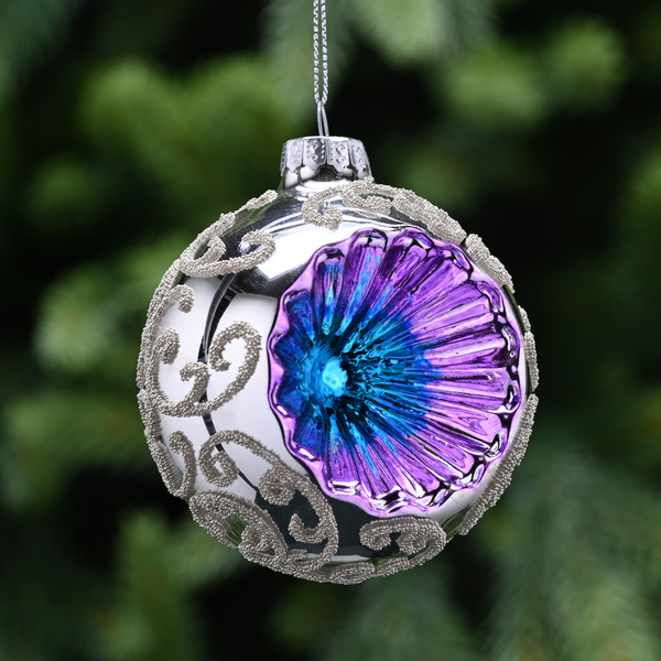 8cm Silver Oyster with Blue Reflector Glass Bauble Tree Decoration