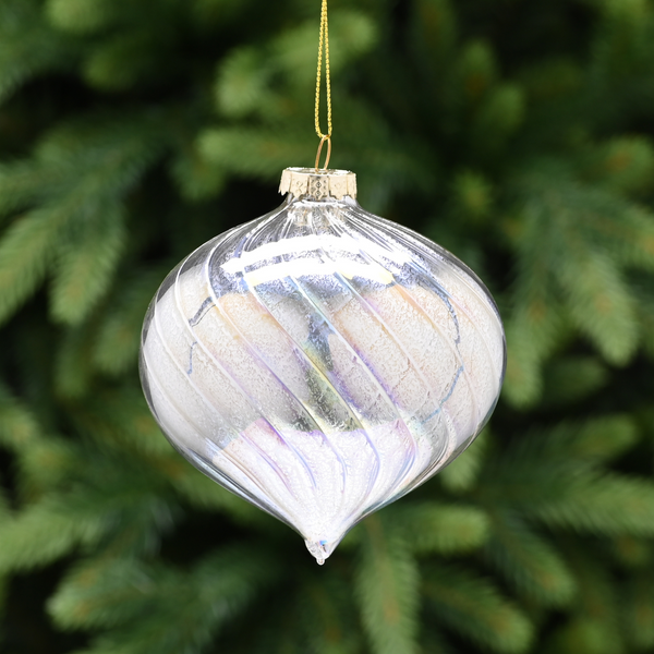 10cm Silver Shimmer Glass Ridge Onion Bauble Tree Decoration